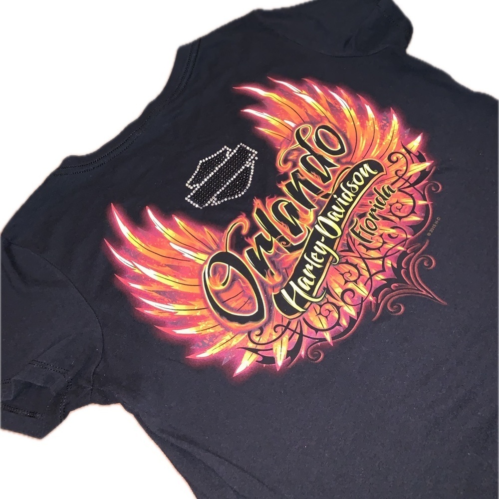 Harley-Davidson Bedazzled Rhinestone Crystal Fire Flames Angel Wings T-Shirt XL